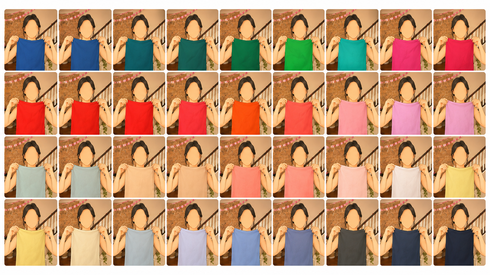A grid of drape selfies — the same face shown with different colored fabrics held under the chin, taken in consistent daylight.