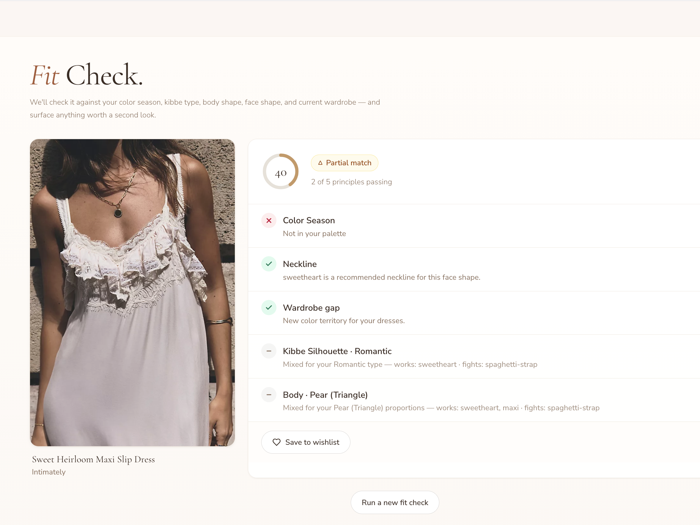 Fit Check — a product checked against your color season, Kibbe type, body shape, face shape, and current wardrobe, scored 40 and flagged as a partial match with a pass/fail breakdown for each principle.