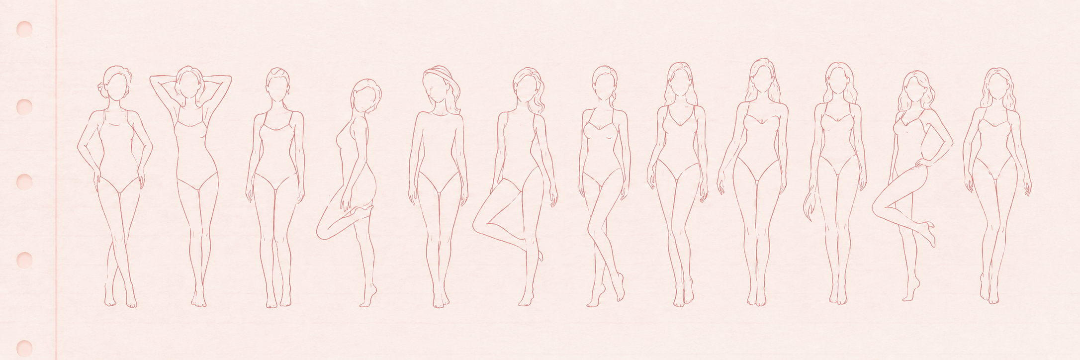 Thirteen line-drawn female figures sketched on notebook paper — the full set of Kibbe image identities across the five families.
