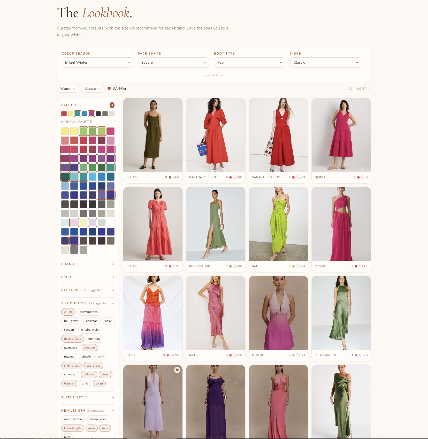 The Lookbook — shop for pieces that love you back, filtered by your color season, face shape, body proportions, and Kibbe image identity.