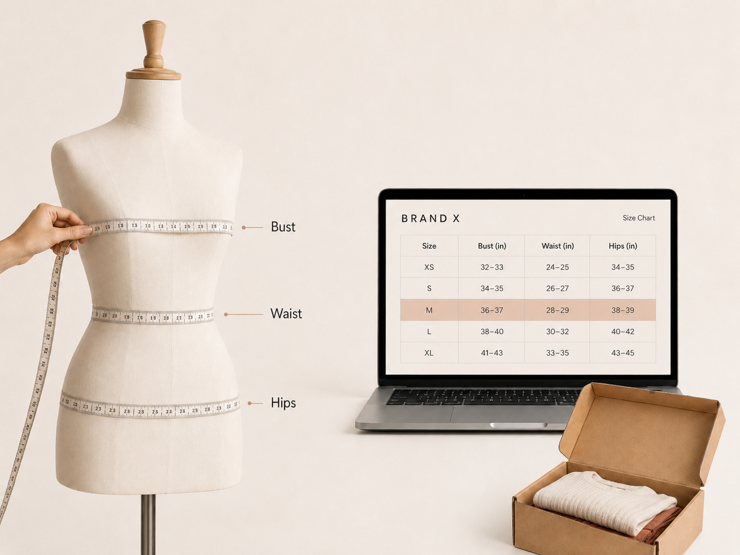Illustration showing how to read a brand size chart against your own bust, waist, and hip measurements.