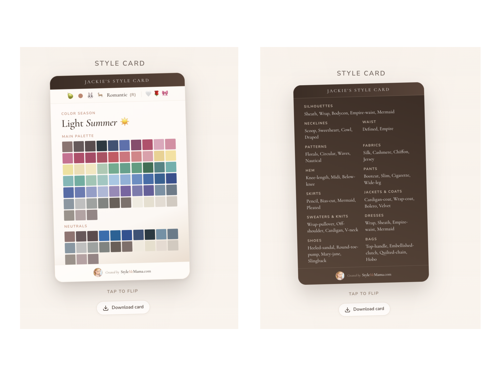 Your style card — front shows your color season palette (Light Summer) with main palette and neutrals; back lists silhouettes, necklines, fabrics, and more tailored to your results.