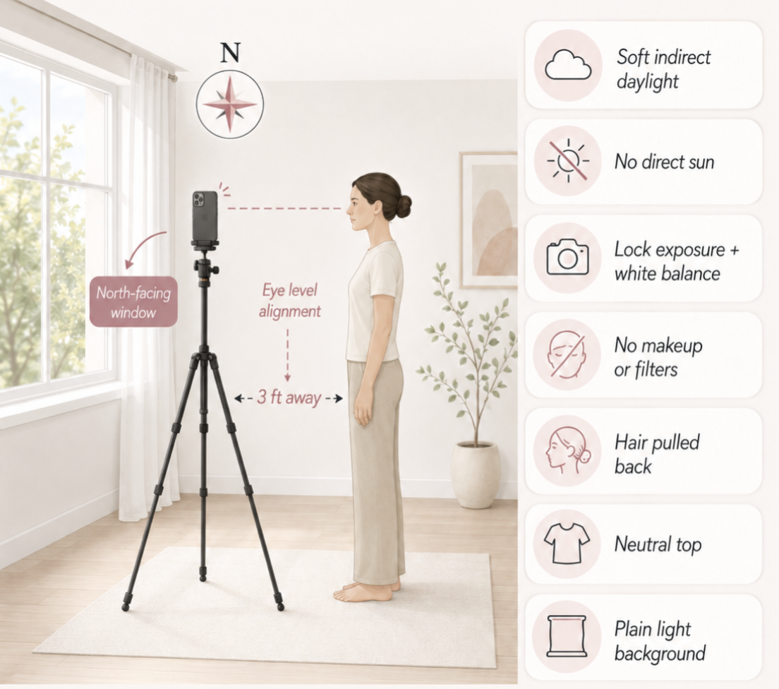 Illustrated guide: stand 3 feet from a north-facing window in soft indirect daylight, lock exposure and white balance, no makeup or filters, hair pulled back, neutral top, plain light background.