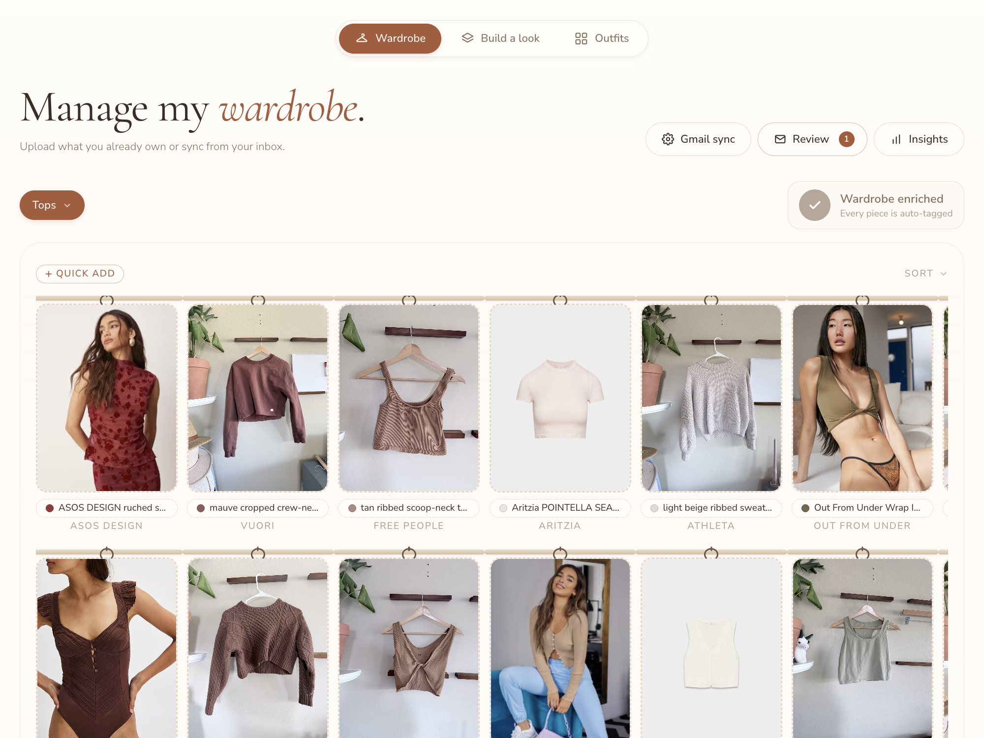 Your Virtual Wardrobe — hang what you already love. Organize by category and build outfits from pieces you already own.